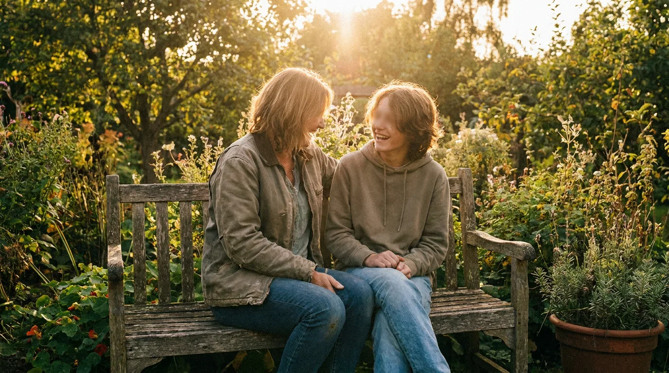 Un progenitor y un adolescente sentados juntos al aire libre, manteniendo una conversación tranquila con luz natural.