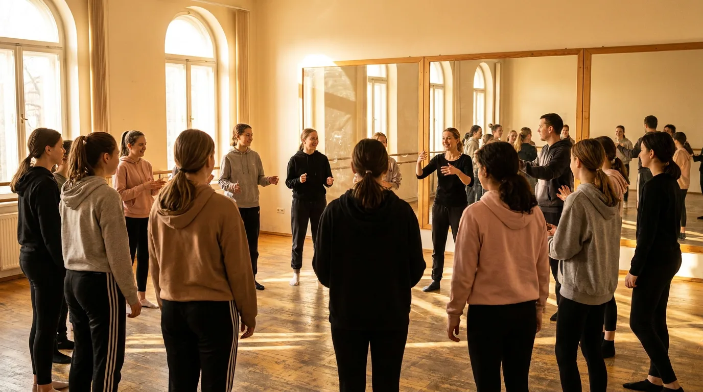 Un grupo de adolescentes y un instructor en un estudio de danza luminoso y moderno durante una clase.