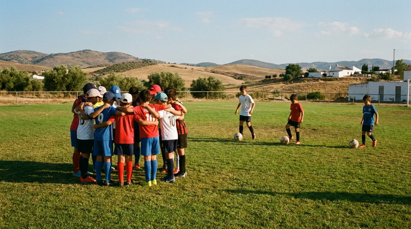 Children participating in a football training session on an outdoor grass pitch under bright sunlight.