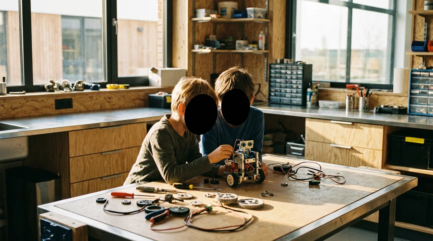 Two children working together on a small robotics project in a sunlit classroom setting.