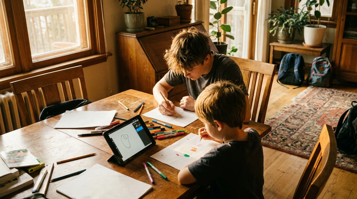 Two young people collaborating on a creative project using both paper and a digital tablet in a bright, natural setting.