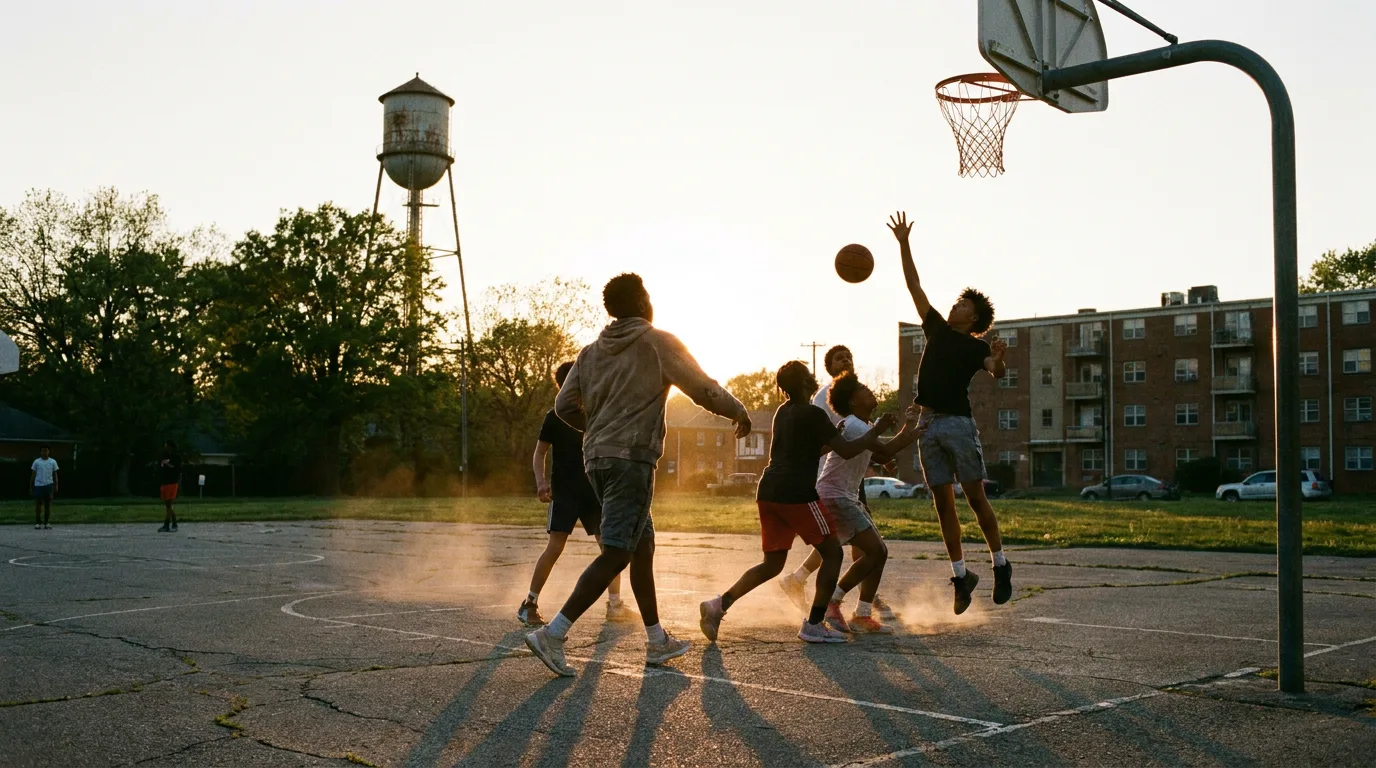 A group of teenagers playing a friendly game of basketball on an outdoor court in the late afternoon sun.