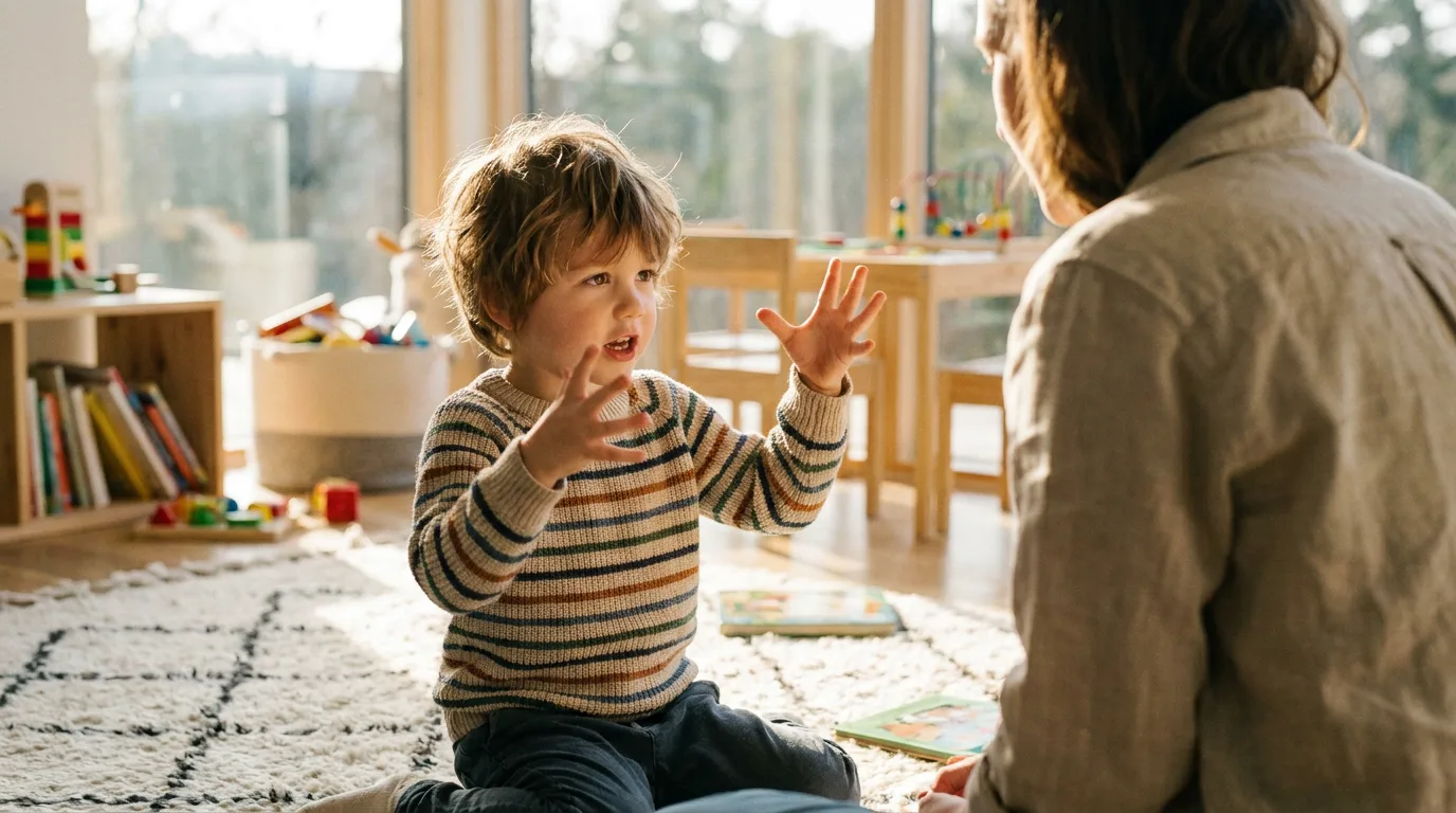Un niño pequeño y un adulto comunicándose cara a cara en una sala de juegos muy luminosa.