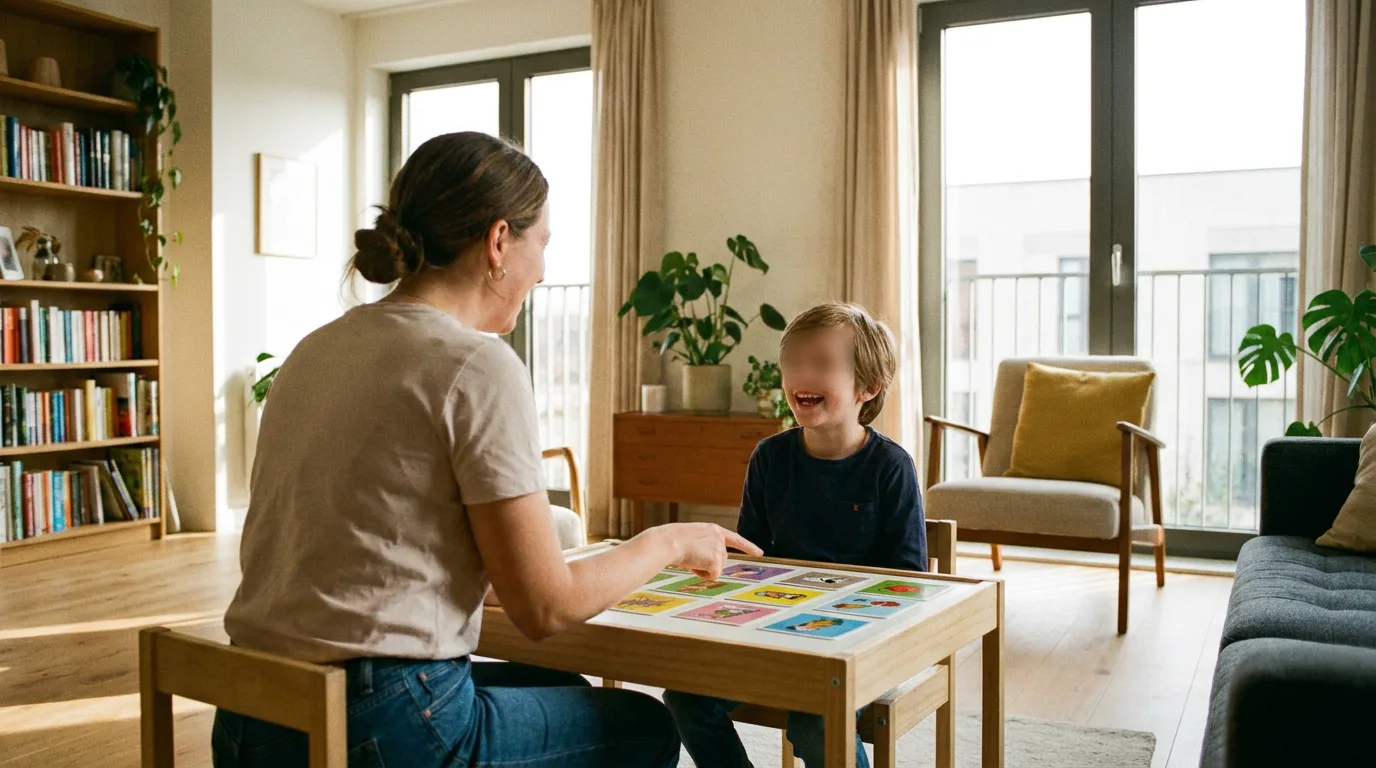 A speech therapist and a young child interact during a session using educational picture cards in a brightly lit, comfortable room.