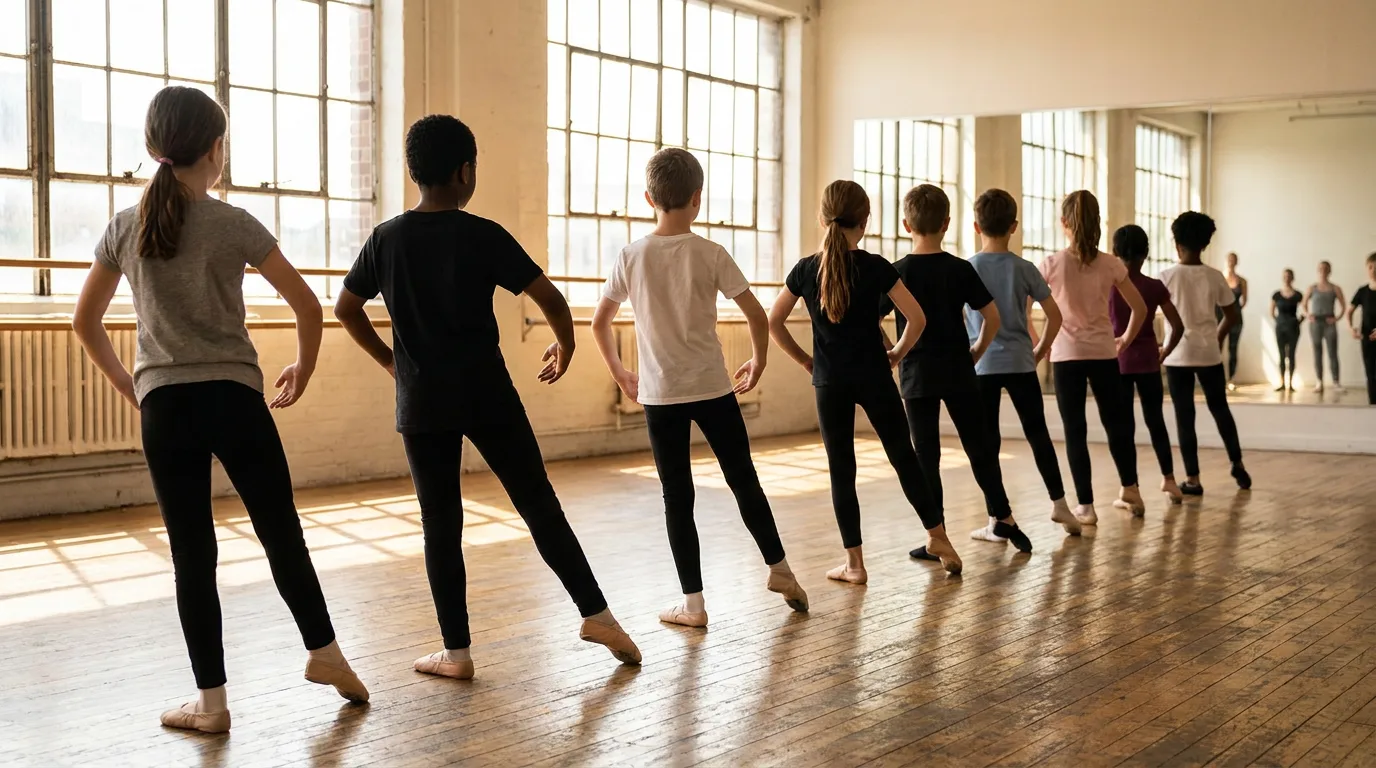 Niños practicando juntos en un estudio de danza luminoso durante una clase estructurada.