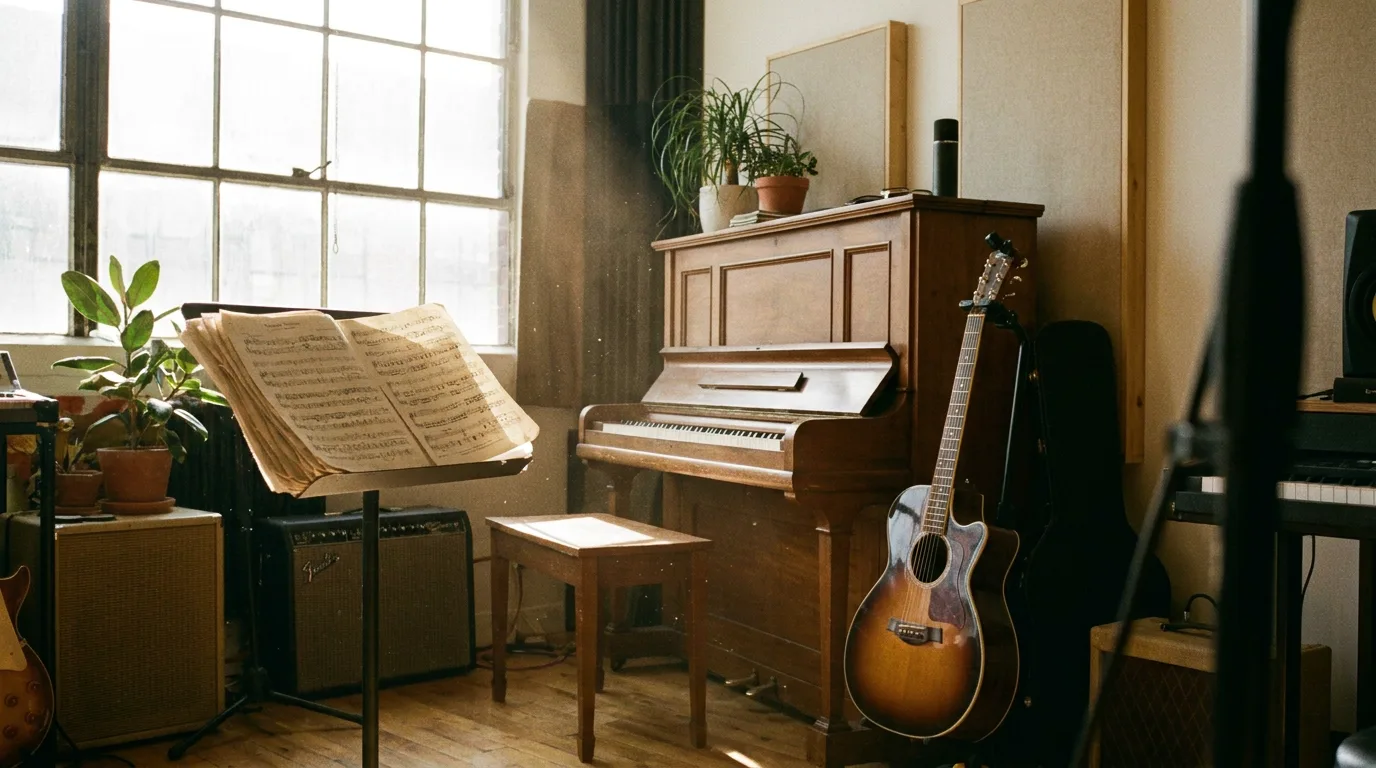 Una tranquila sala de música con un piano y una guitarra, iluminada con luz natural y preparada para la clase de música de un alumno.