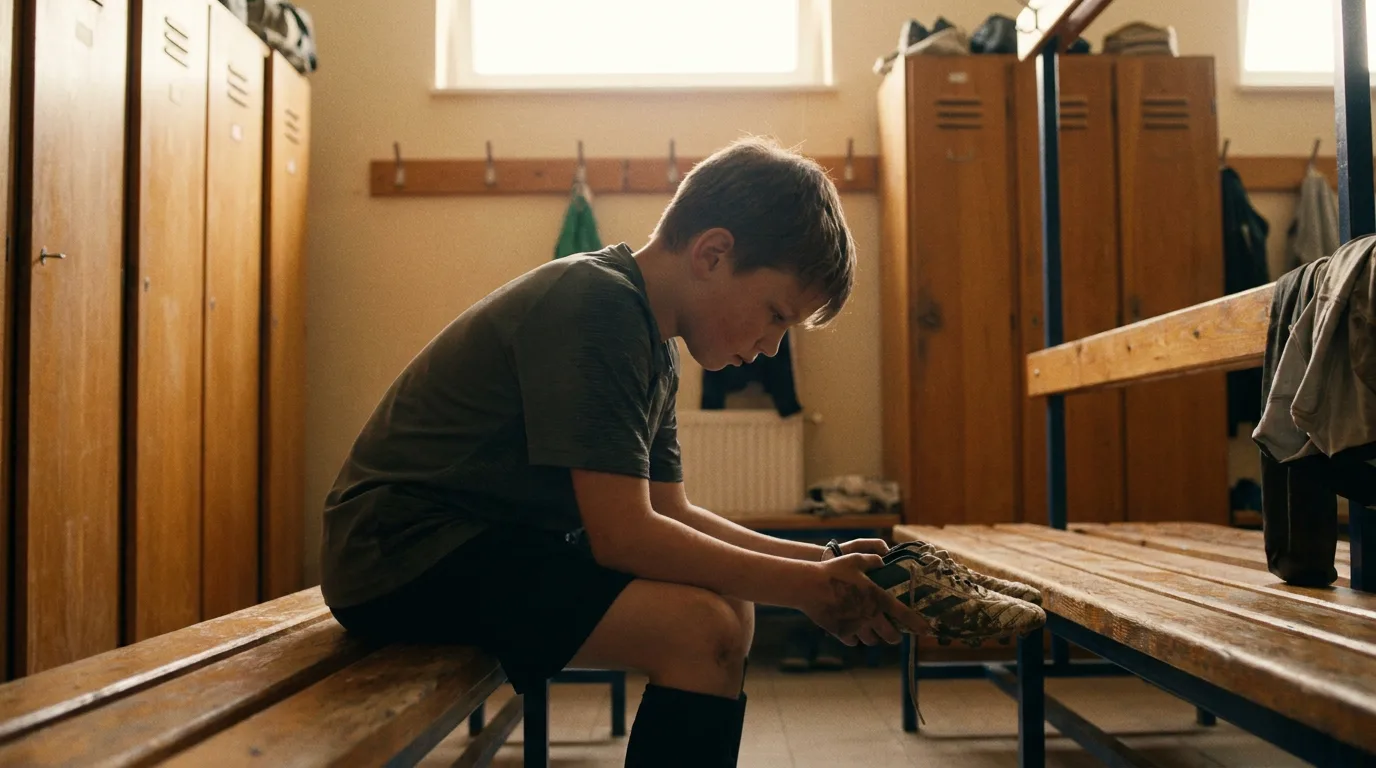 A young boy sitting in a locker room looking thoughtfully at his sports gear, contemplating his interest in the activity.