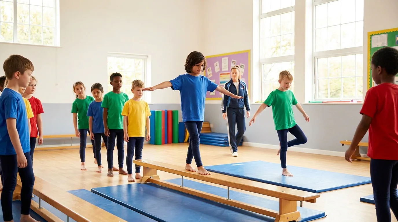 Children in a bright gymnastics studio practising balance and movement skills on blue mats and wooden benches under professional supervision.