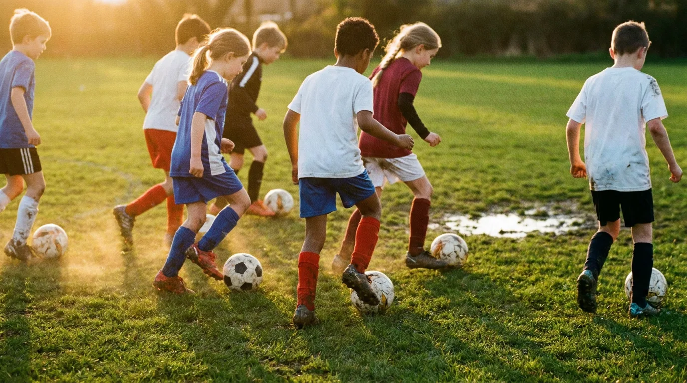 Children practicing football drills on a sunlit green pitch during a structured training session.