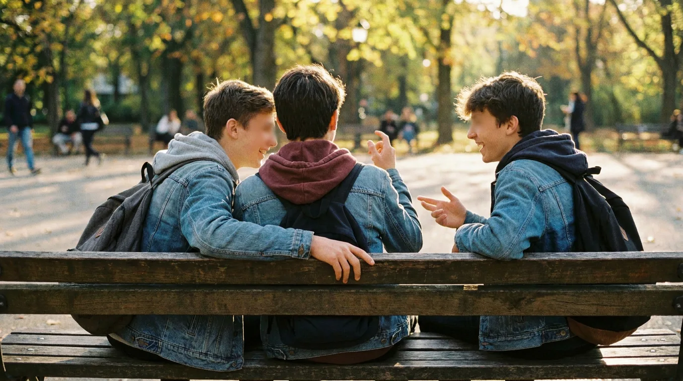 A group of teenagers talking and laughing together outdoors in the park during the afternoon.