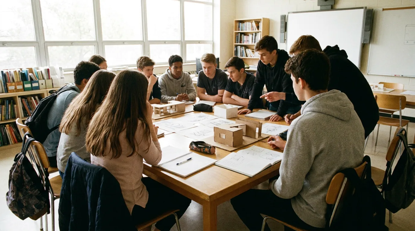 A group of teenagers working together on a collaborative project around a table in a bright, modern classroom.