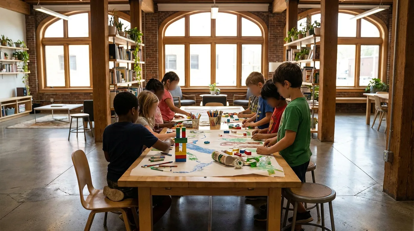 Children participating in a collaborative group activity in a brightly lit, modern setting.