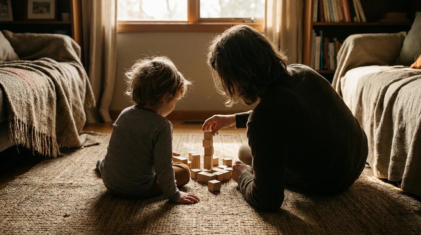 A parent and young child sitting together on a rug, interacting naturally during a quiet playtime at home.