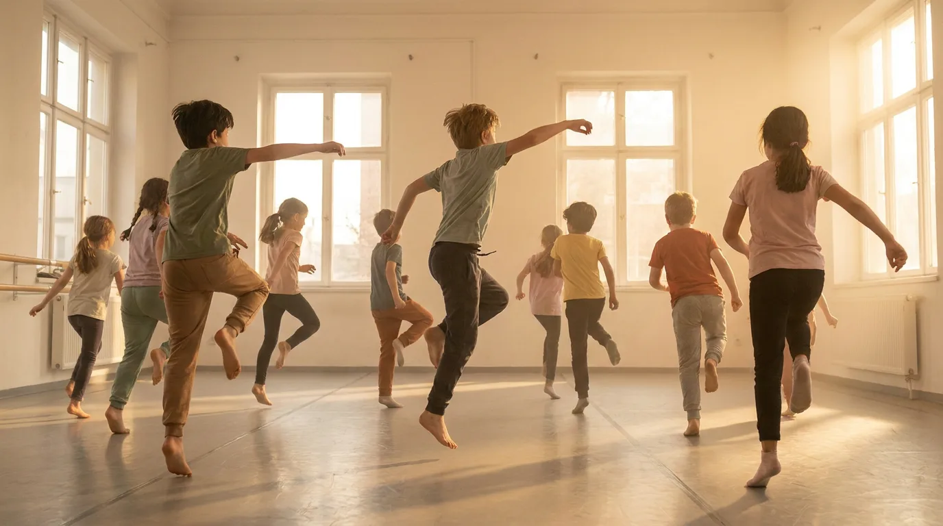 Children practicing modern dance in a sunny studio during a community class.