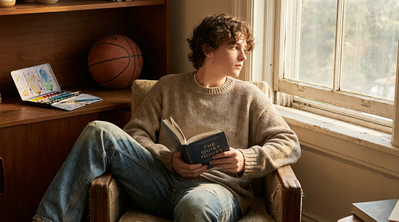 Una tranquila escena de interior en la que un adolescente está concentrado en la lectura, con material deportivo y artístico al fondo.