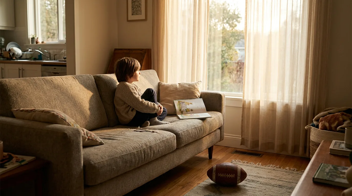A child relaxing at home with a book and a football, representing the balance between scheduled activities and unstructured free time.