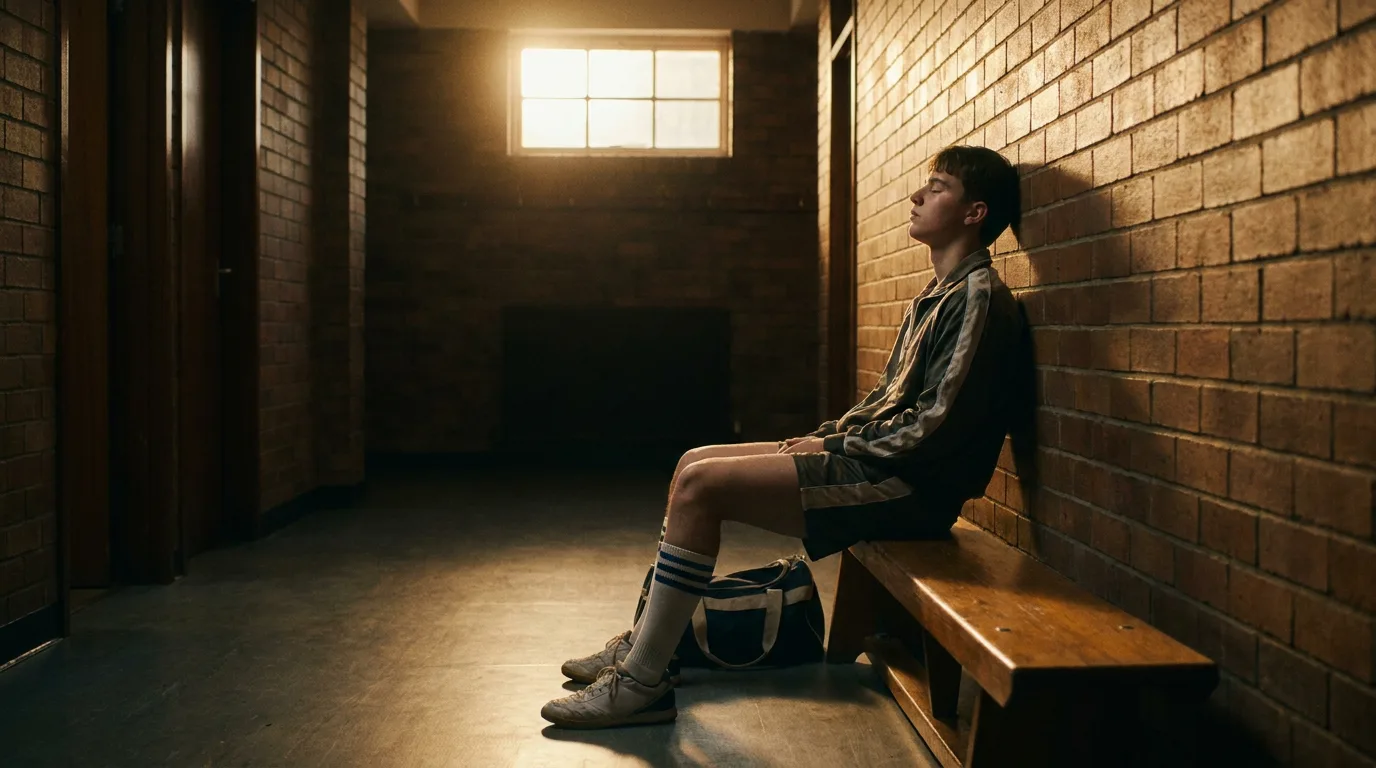 A teenager in sports gear resting quietly after training in a softly lit indoor setting.
