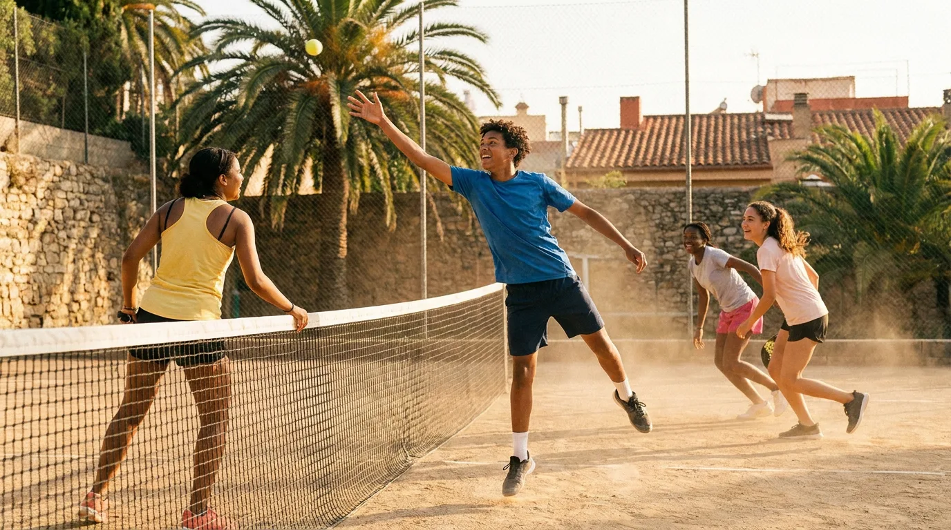 Group of teenagers playing a racket sport doubles match on a sunny outdoor court with a Mediterranean backdrop.