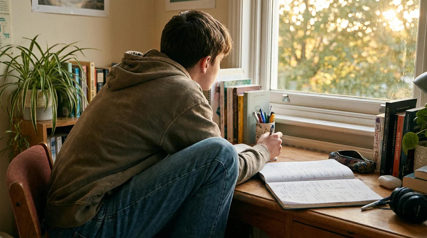Un adolescente sentado ante un escritorio con un cuaderno y un bolígrafo, reflexionando en una habitación con una suave luz natural.