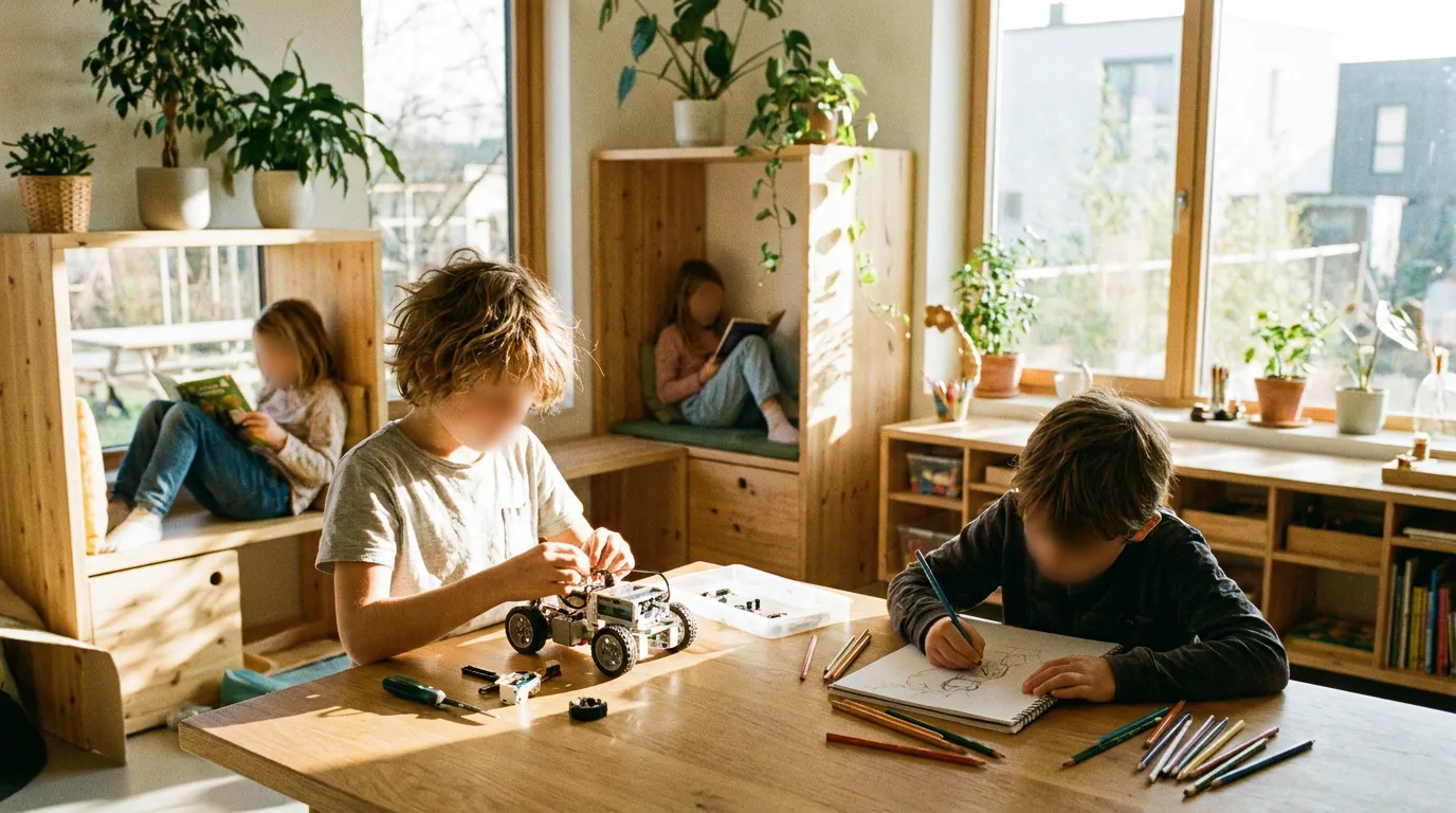 Children engaged in diverse activities including robotics, drawing, and reading in a bright, modern educational setting.