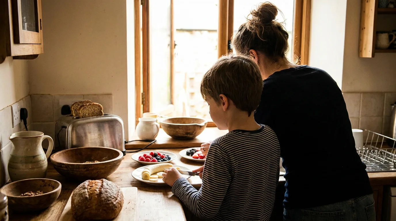 A parent and child preparing a healthy breakfast with fruit and wholemeal bread in a bright, modern kitchen.