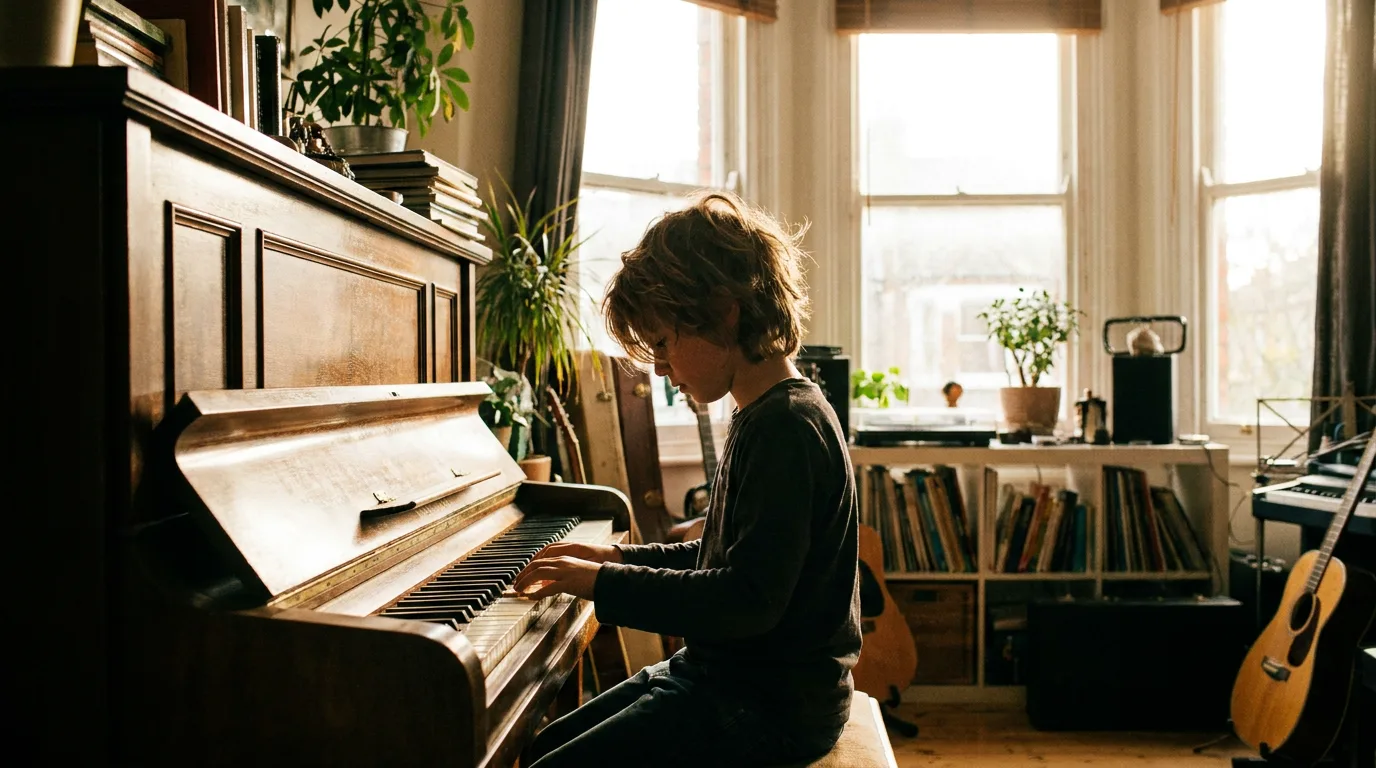 A child practicing piano in a sunlit music classroom, focusing on learning musical notes.