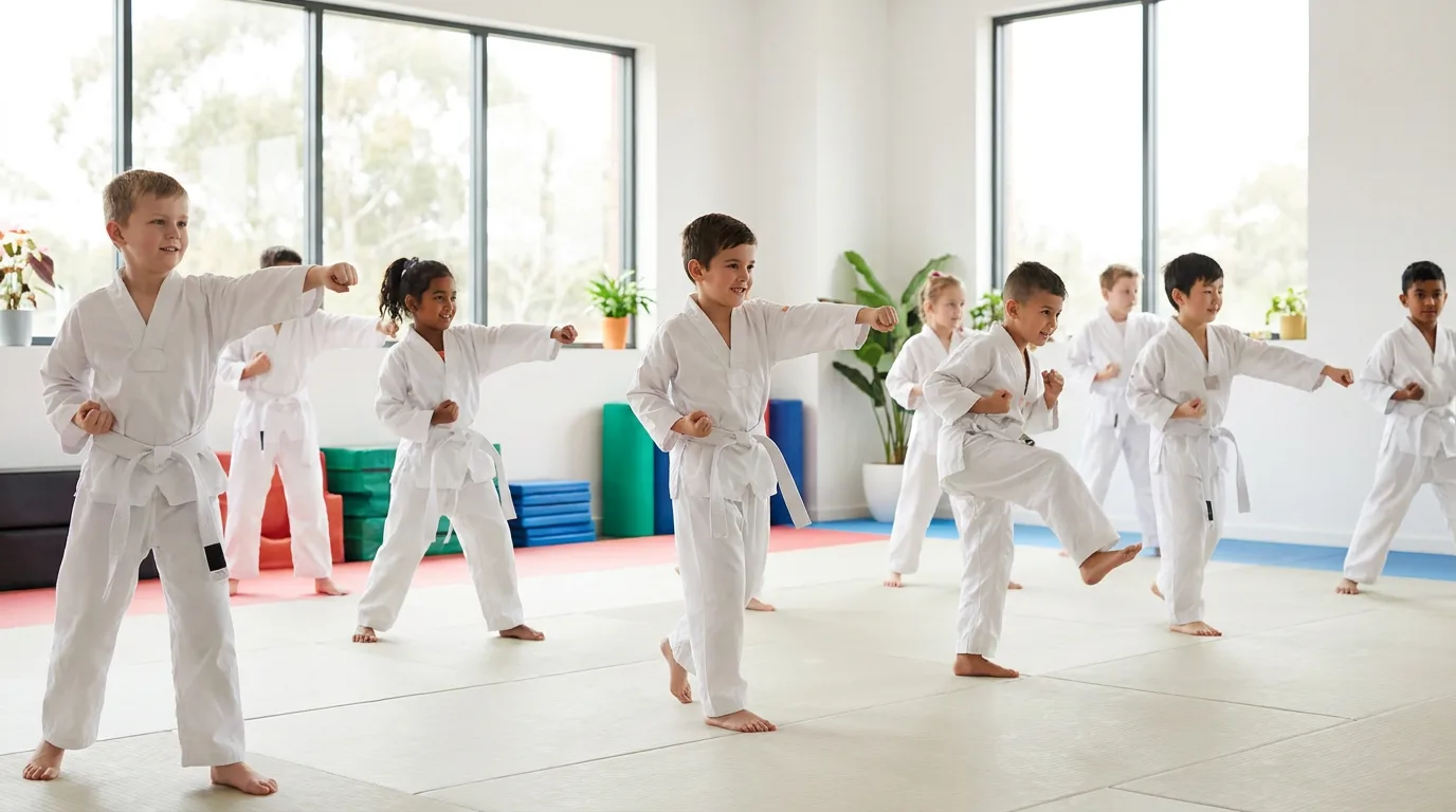 Children in white martial arts uniforms practising basic movements in a bright, modern studio with natural light.