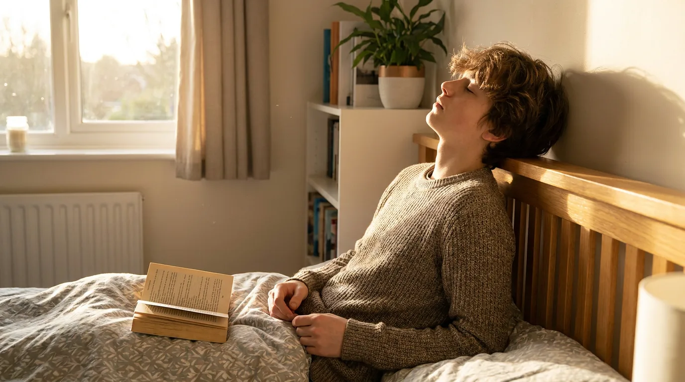 A peaceful teenager resting in their bedroom during the day, illustrating the importance of recovery and quiet time.