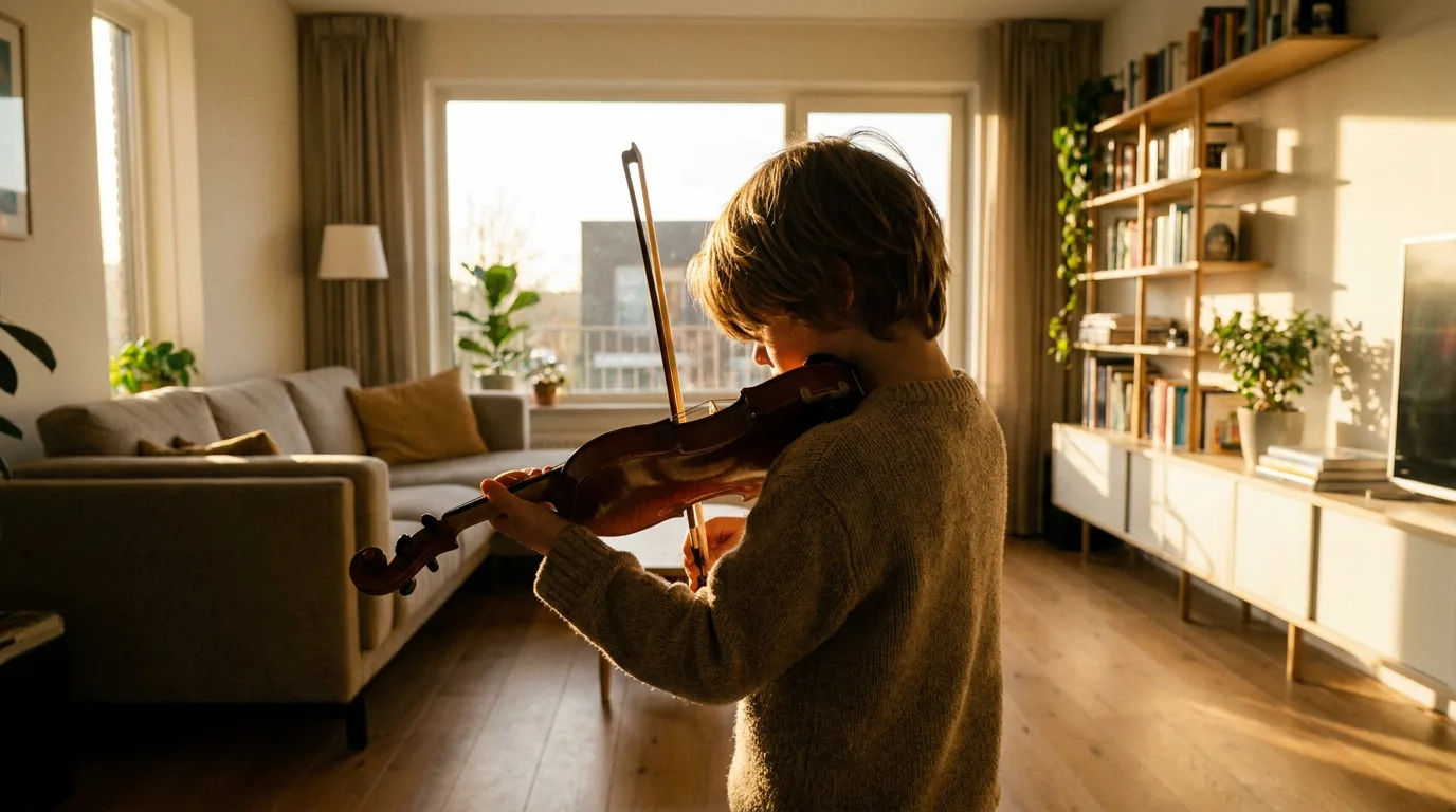 A child practicing the violin at home in natural sunlight, focusing on the instrument.