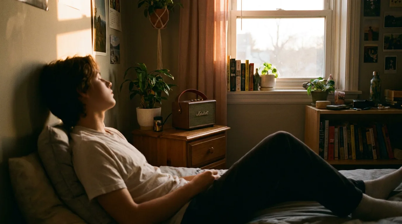 A teenager relaxes in a dimly lit bedroom, listening to calm music as part of a peaceful evening routine.