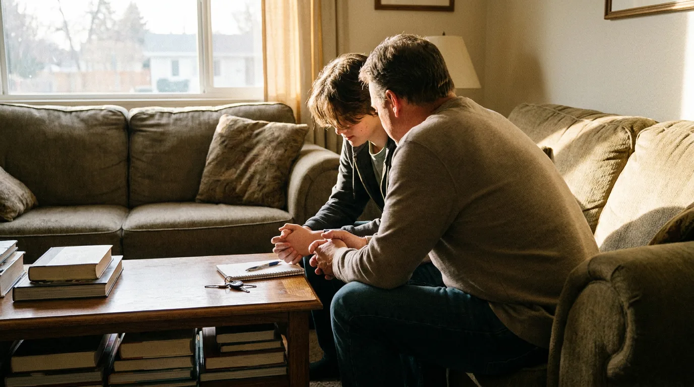 A parent and teenager having a calm conversation in a living room, reflecting a supportive relationship.