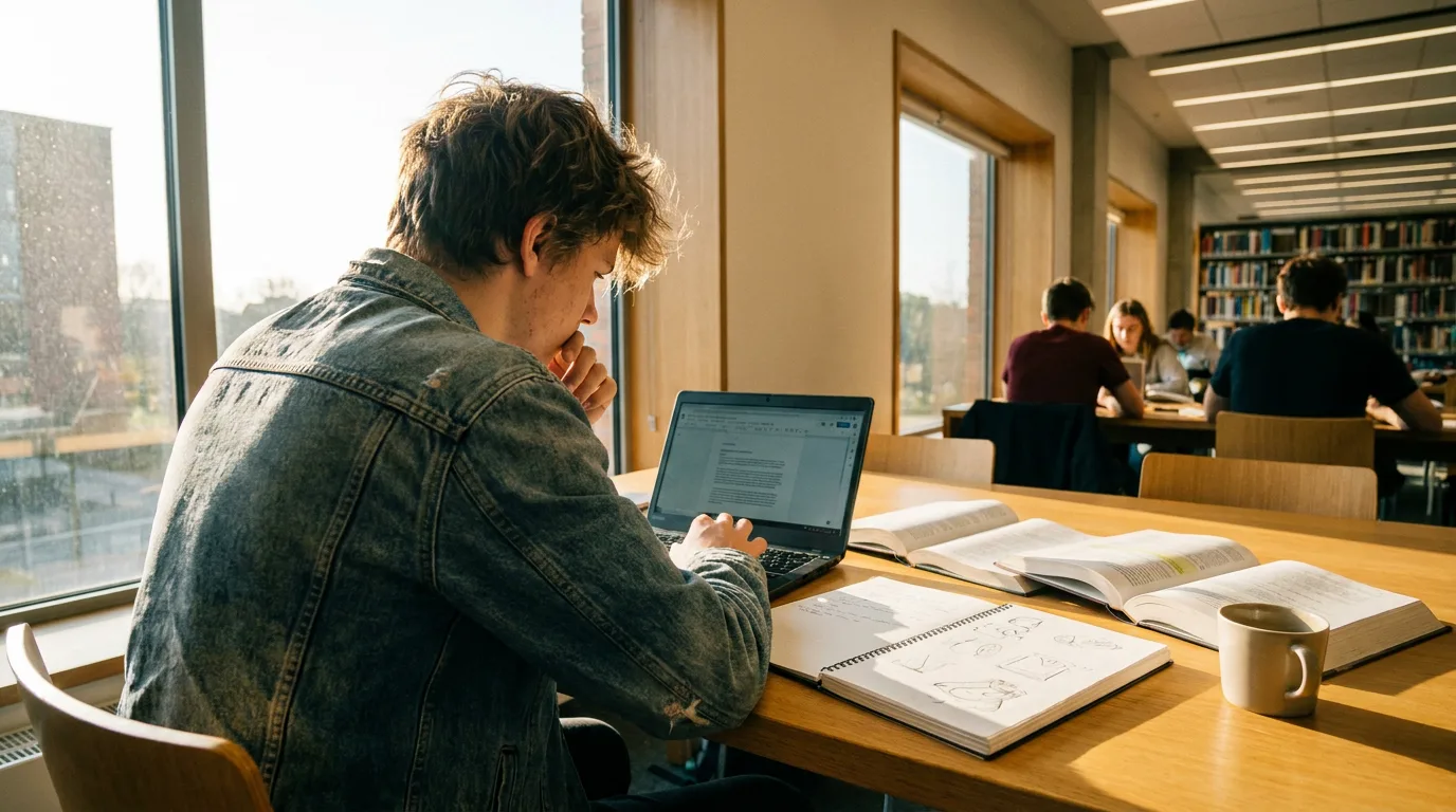 A teenager studying with a laptop and books in a modern, sunlit library, representing the intersection of traditional and digital learning.