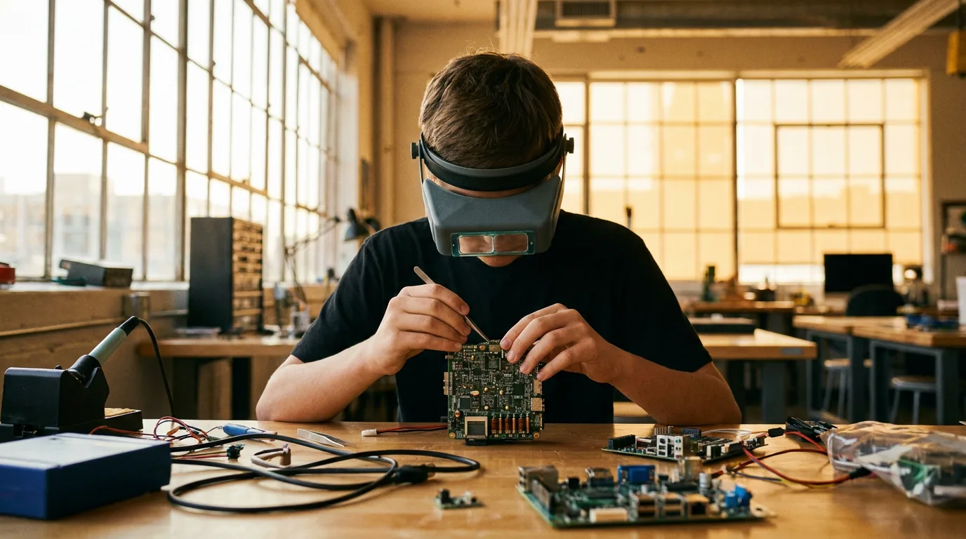 A teenager focused on a technical project in a modern workshop with tools and electronic components.