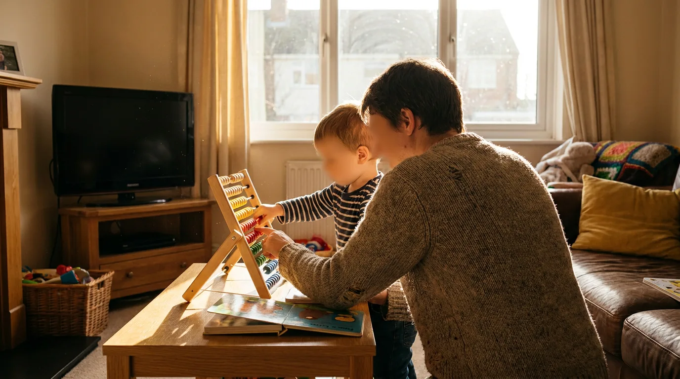 A parent and child sitting together in a bright room, focused on a shared activity in a calm environment.