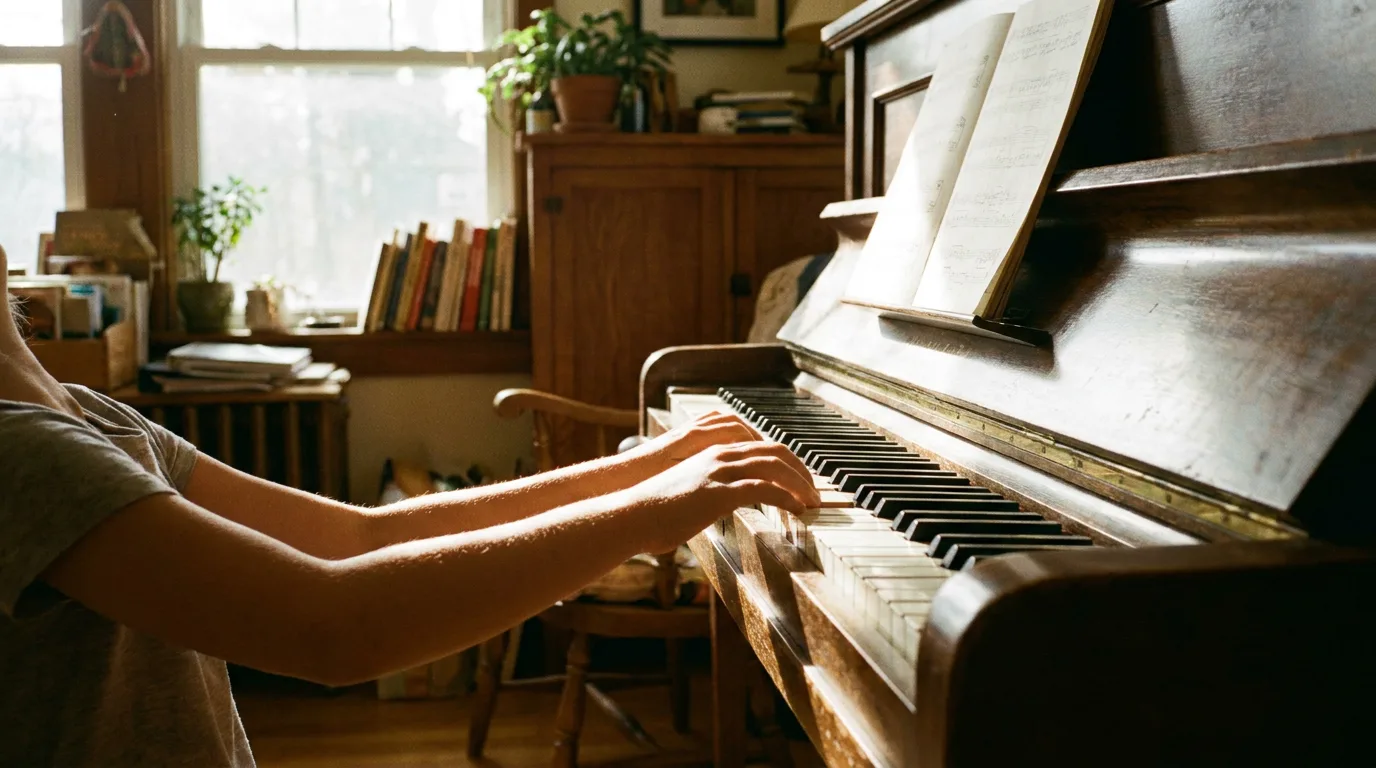Fotografía en primer plano de las manos de un niño tocando el piano con una luz natural y cálida.