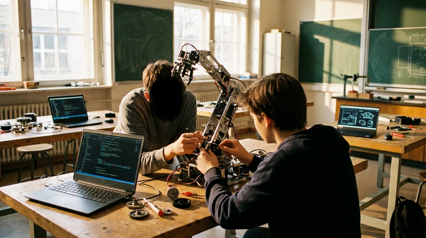Two teenagers collaborating on a robotics project in a bright, modern workshop setting with laptops and tools.