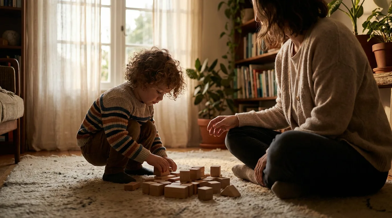 Un niño pequeño concentrado en jugar con bloques de construcción mientras un adulto está sentado cerca en una habitación luminosa y tranquila.