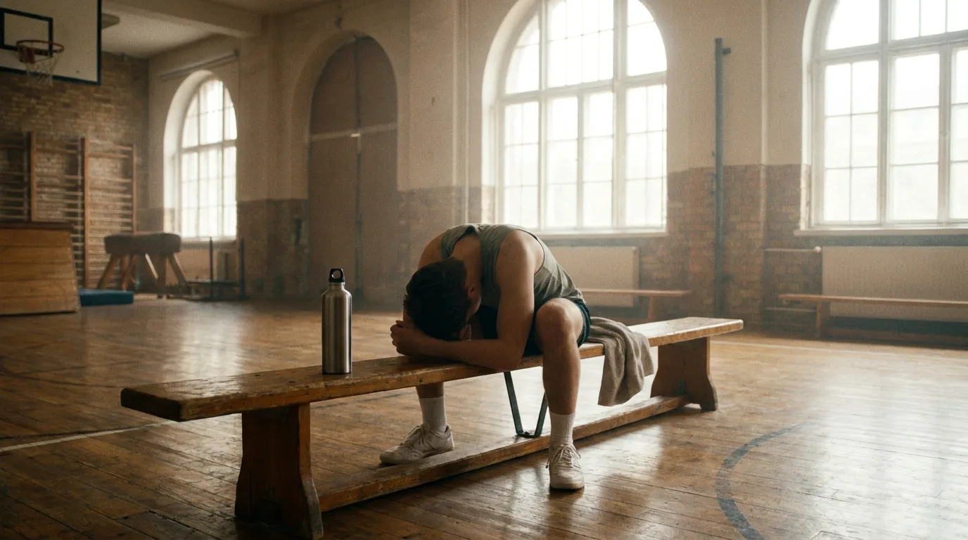 A young person taking a break during sports training in a brightly lit gymnasium, focusing on the importance of rest and recovery.