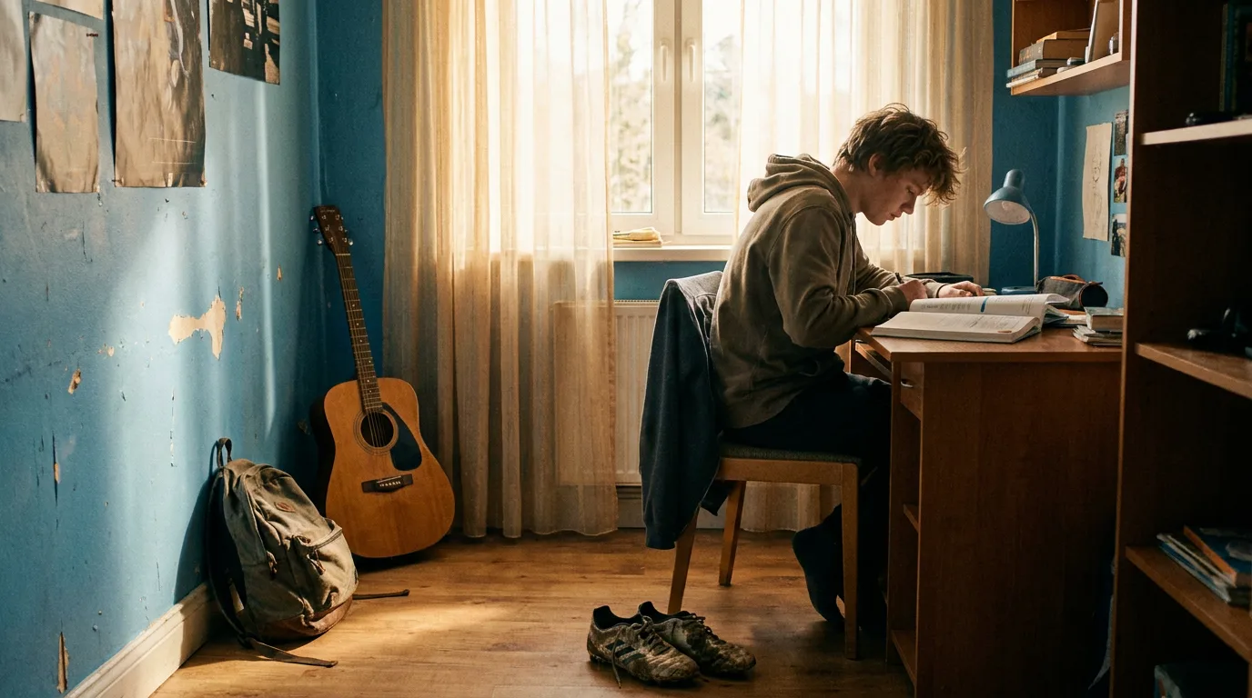A teenager's study space showing a mix of school books and personal interests like a guitar and football gear.