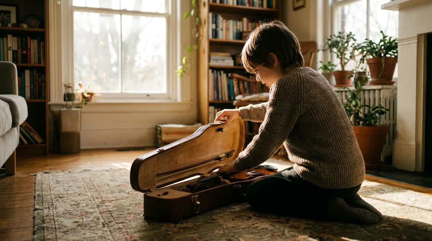 A young child sitting on a wooden floor looking at a violin inside its case in a sunlit room.