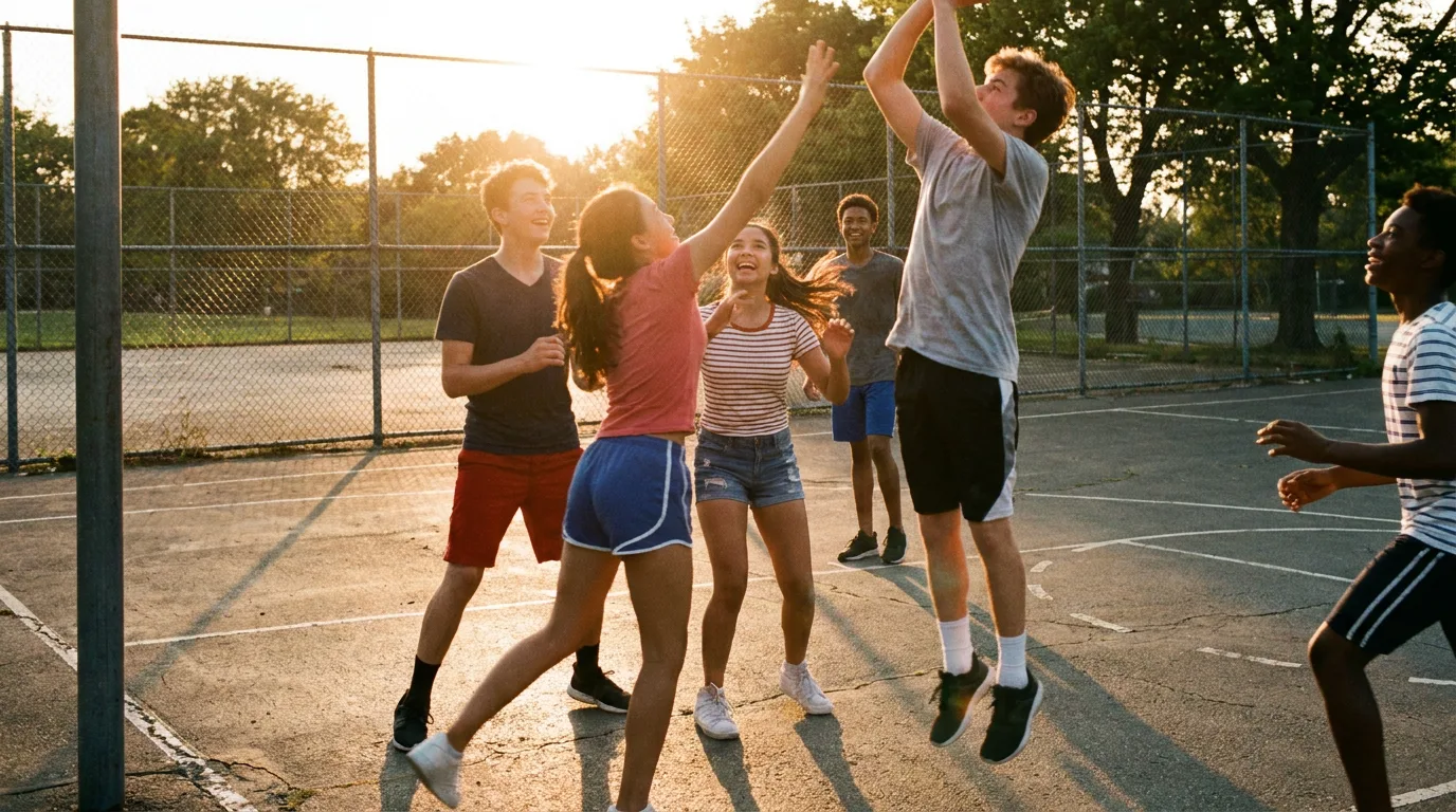 Teenagers playing basketball outdoors in the evening light.