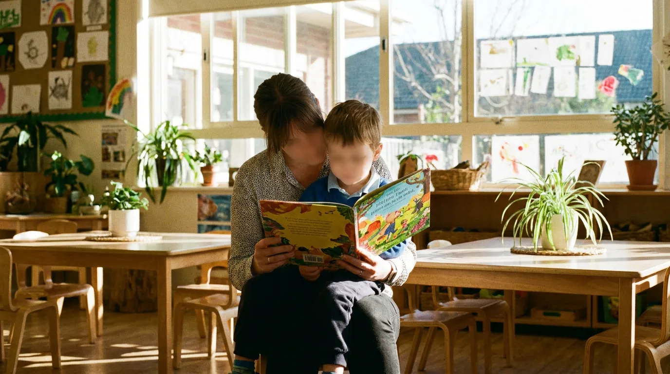 Un niño y una profesora interactuando con un libro colorido en un entorno de aprendizaje luminoso y moderno.