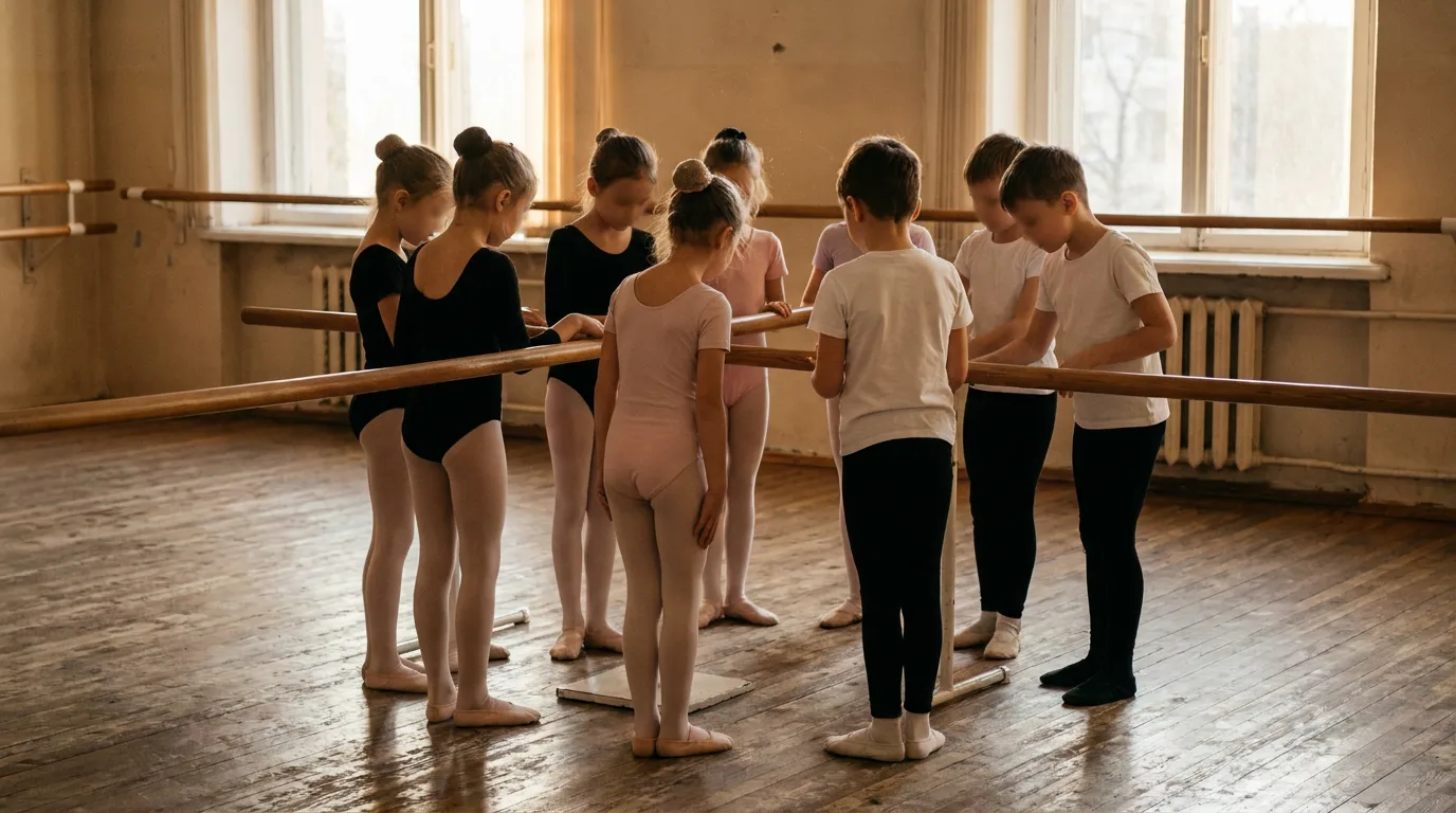 Children in a bright dance studio practising ballet at a wooden barre under warm natural light.