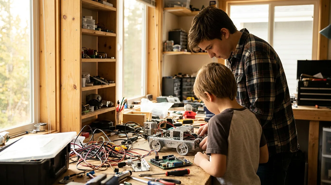 Two children focused on building a robotics project together in a bright workshop setting.