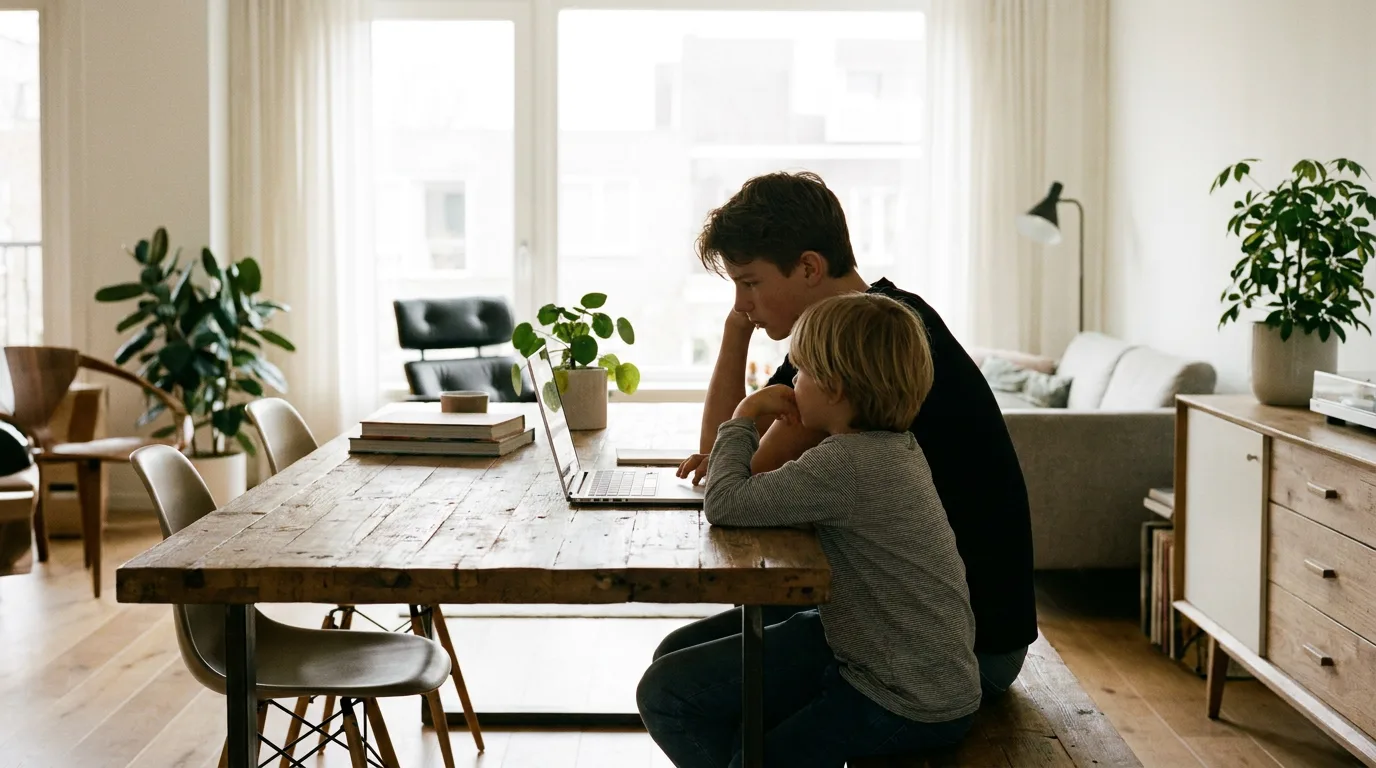 A teenager and a younger child sitting together at a table looking at a laptop screen in a bright, natural setting.