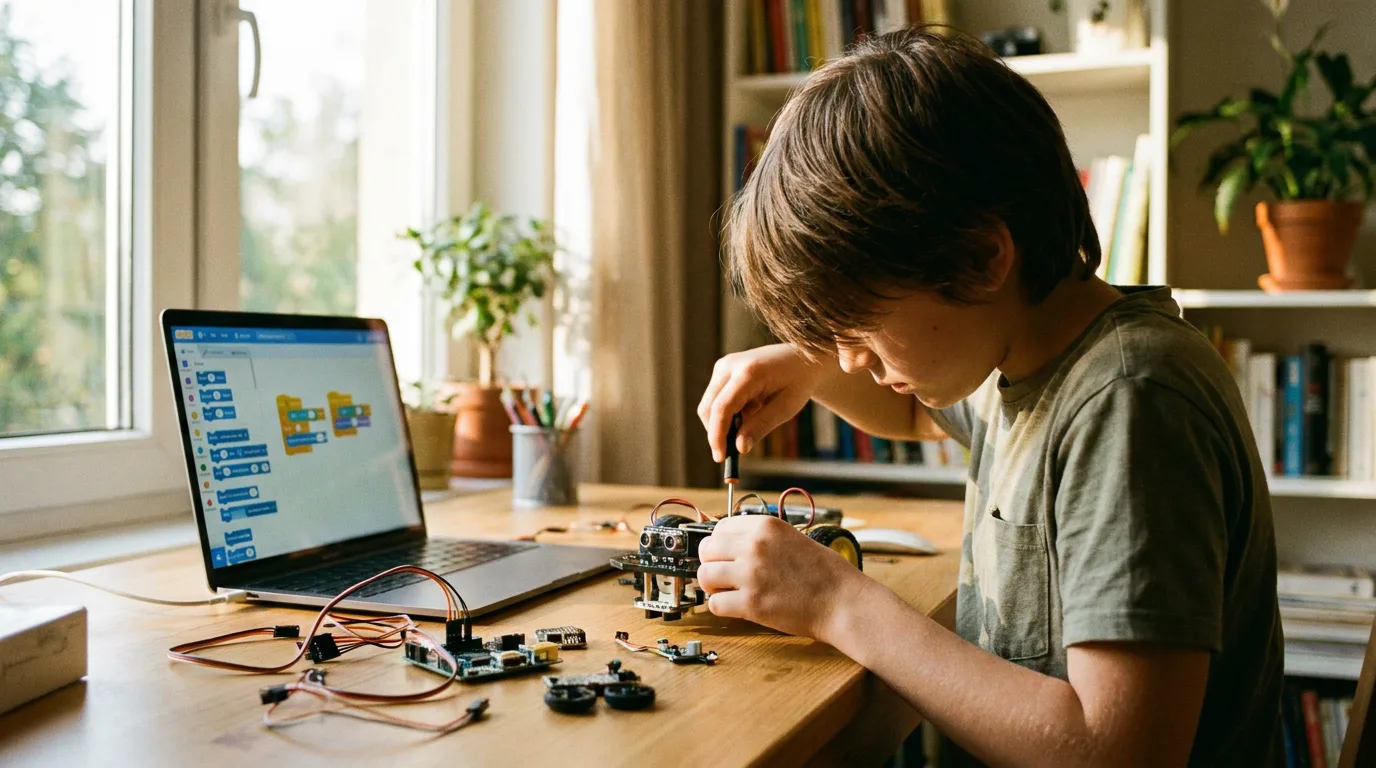 A child focused on building and programming a small robot at a desk with a laptop.