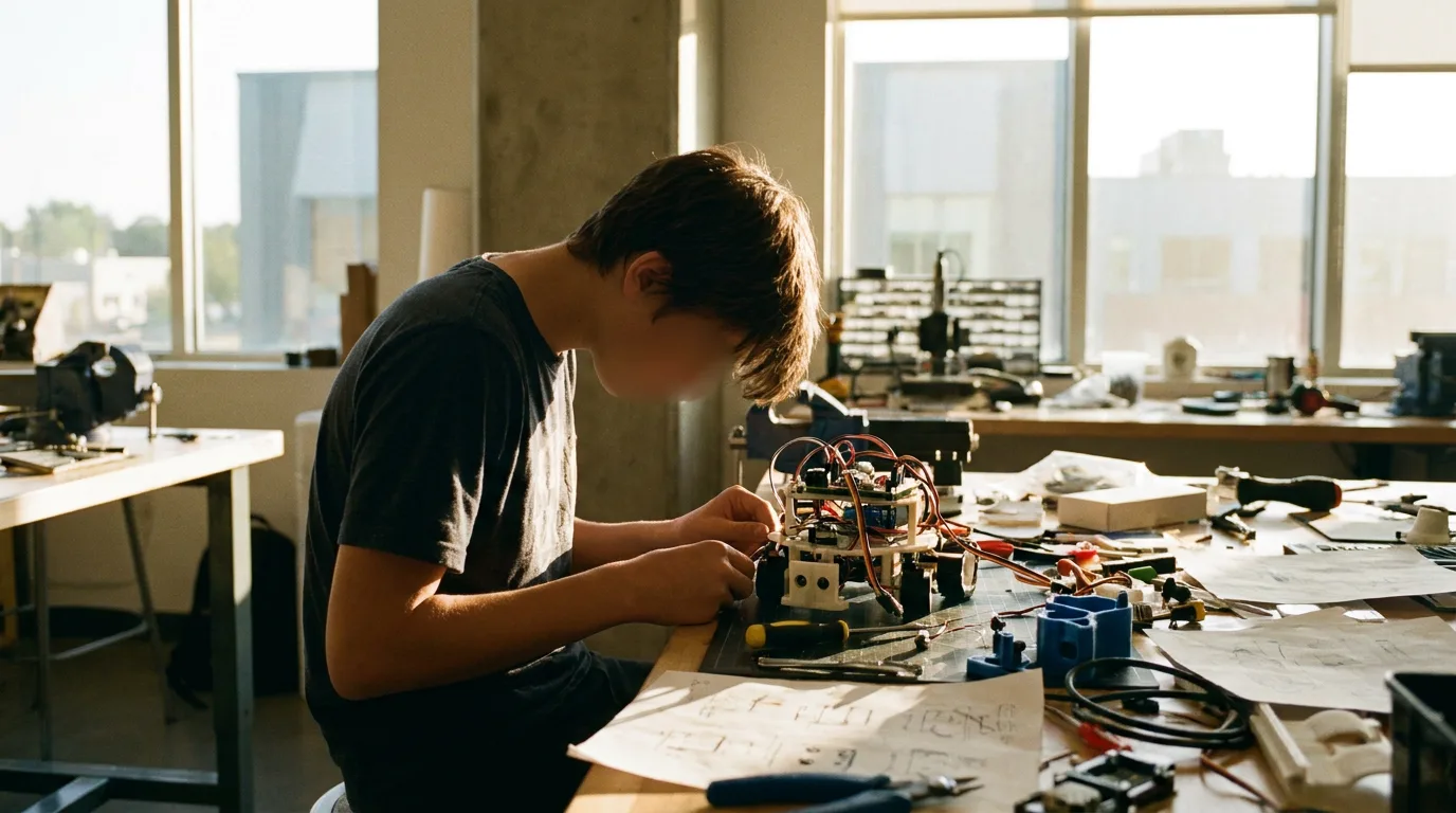 A focused teenager working on a robotics project in a well-lit workshop, demonstrating concentration and practical skill development.