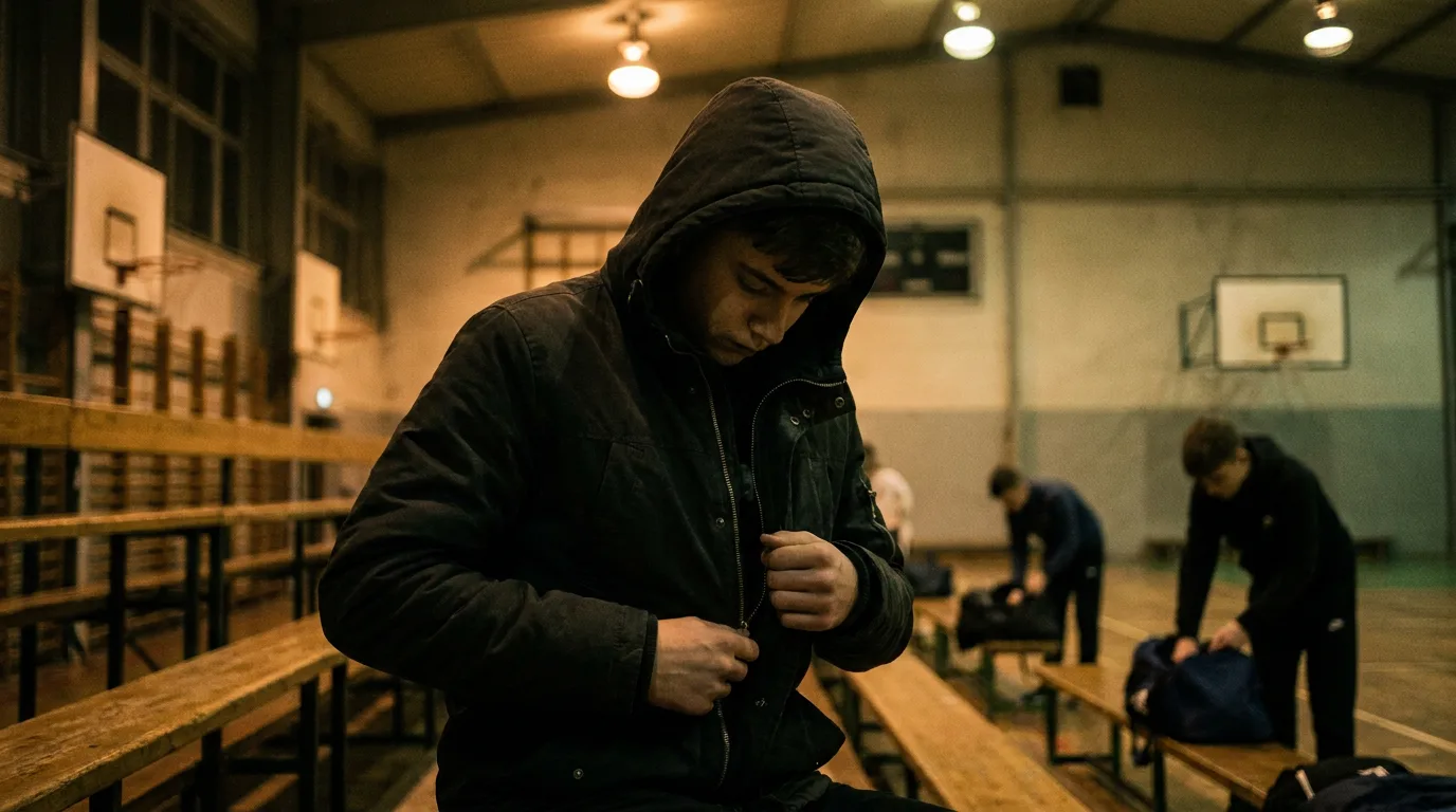 A teenage athlete sitting on a gym bench after an evening practice session, reflecting a calm transition from sport to rest.
