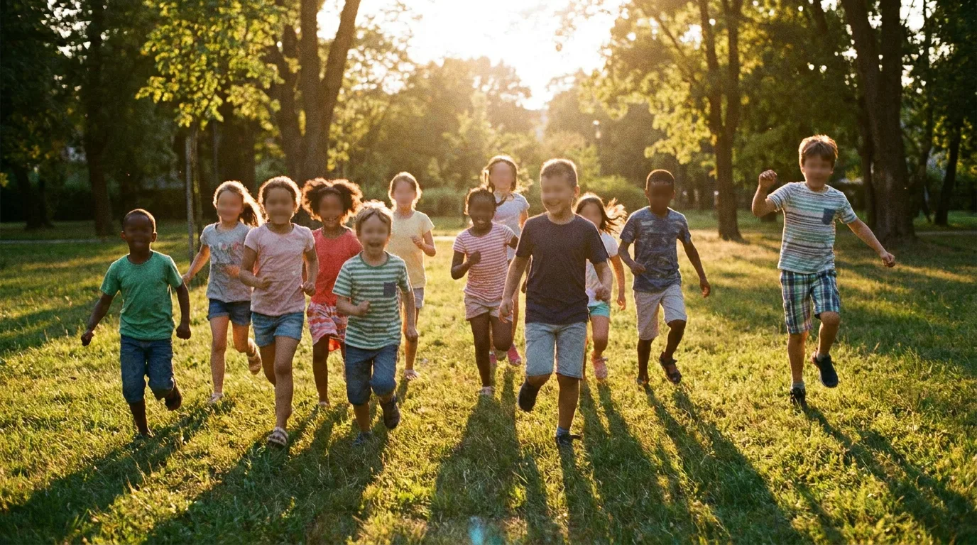 A group of children and teenagers running and playing together in a sunlit park, showcasing natural movement and athletic play.
