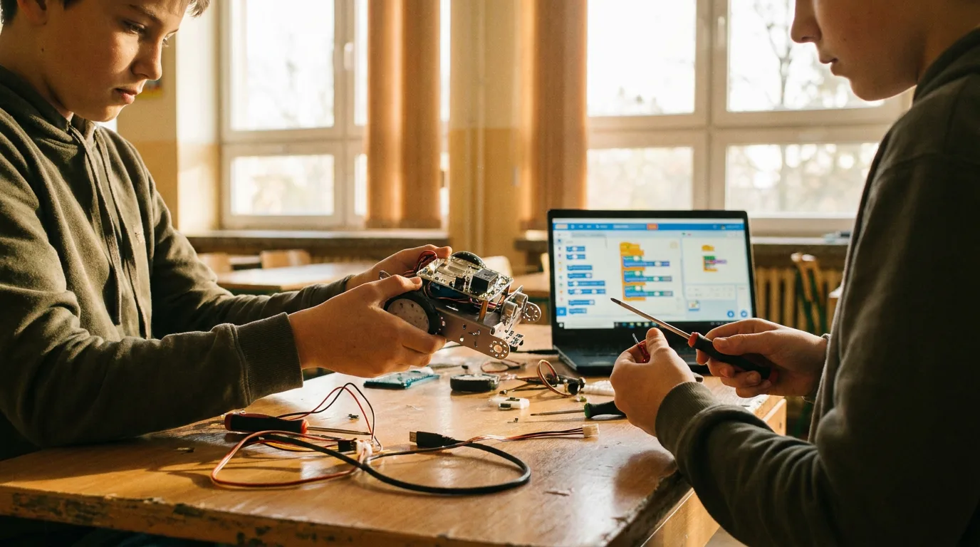 Two children collaborating on a robotics project in a bright, modern workshop setting.